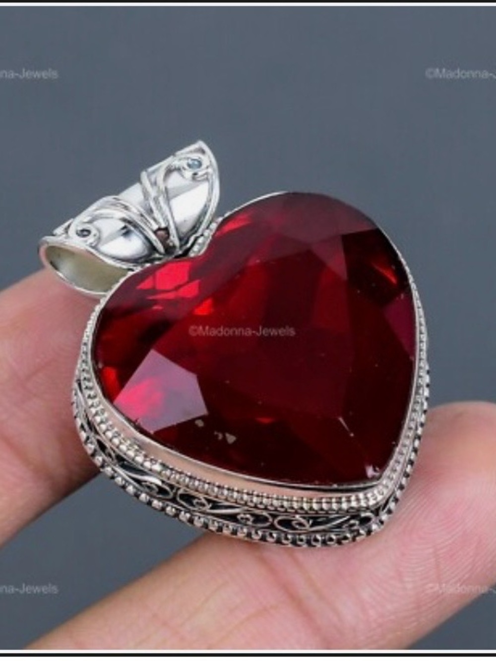 Silver Heart Pendant with Deep Red Crystal